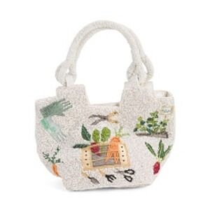 New Garden Theme Hand Beaded Mini Tote Bag White Floral Vegetable Botanical